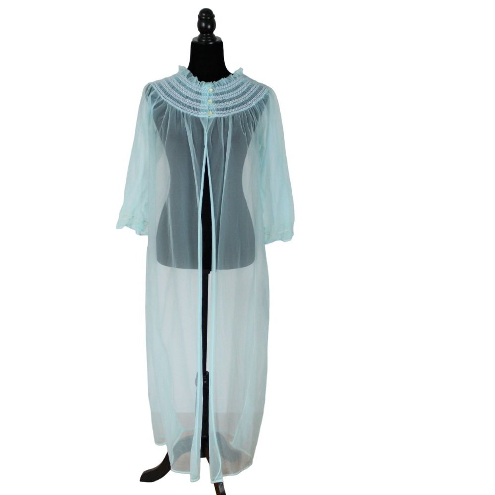 Vintage Sheer Cyan Blue Dressing Gown Queentex Lingerie Robe Smocked Collar N84